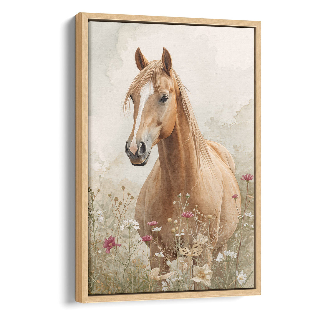 Watercolor palomino horse portrait close-up with flowing golden mane among, stretched canvas in a natural wood frame