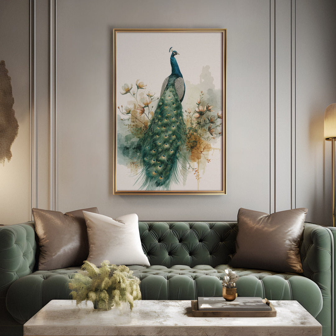 Regal Peacock Plume - Botanical Watercolor Canvas Print