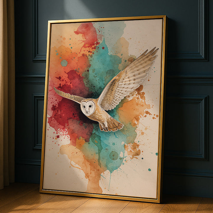 Vibrant Owl Flight - Watercolor Canvas Print