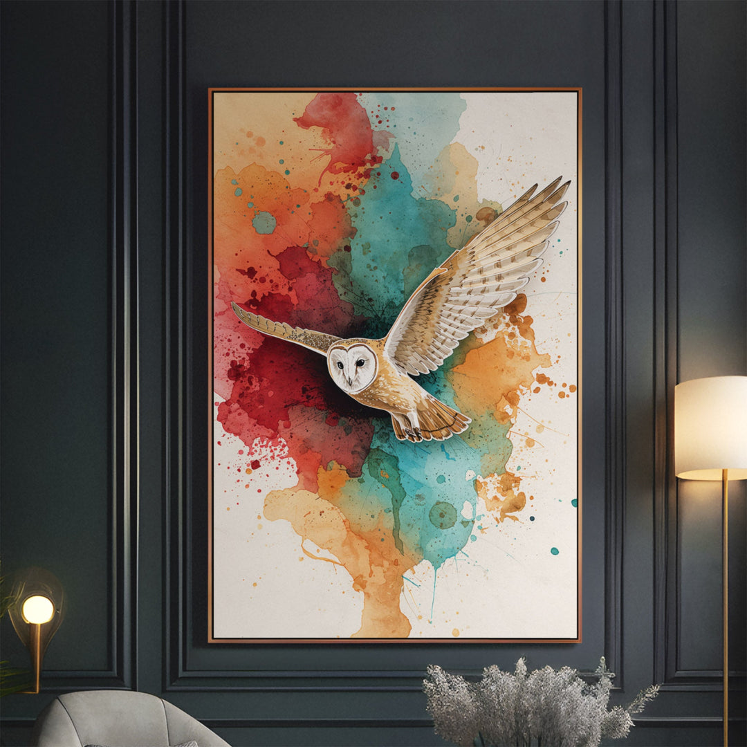 Vibrant Owl Flight - Watercolor Canvas Print