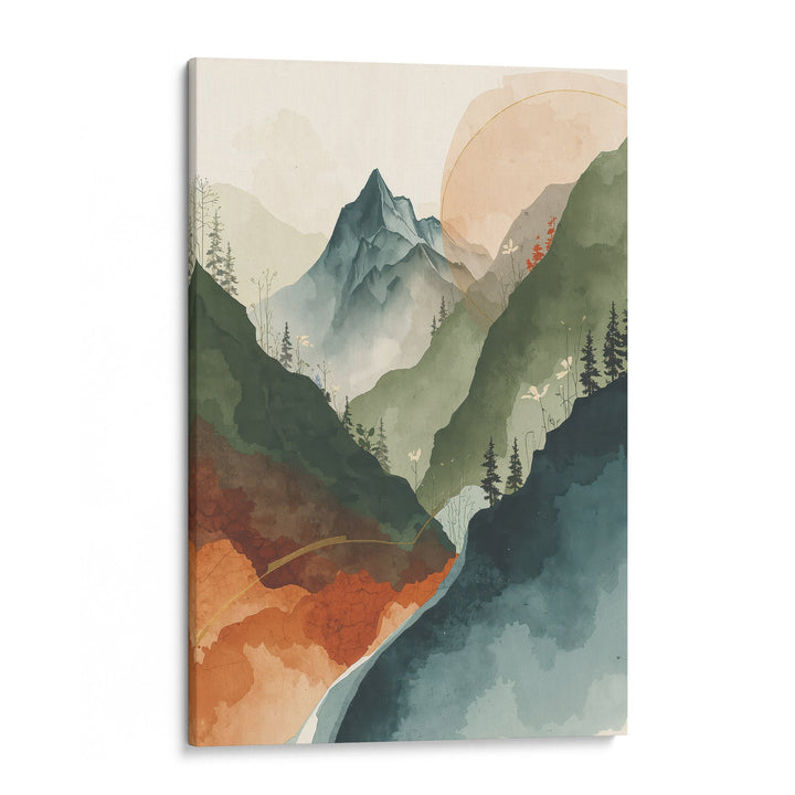 Misty Mountain Dawn - Ink Outline Watercolor Canvas Print