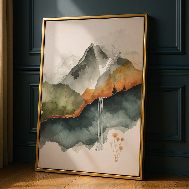 Earthen Cascade - Waterfall Mist Landscape Watercolor Canvas Print