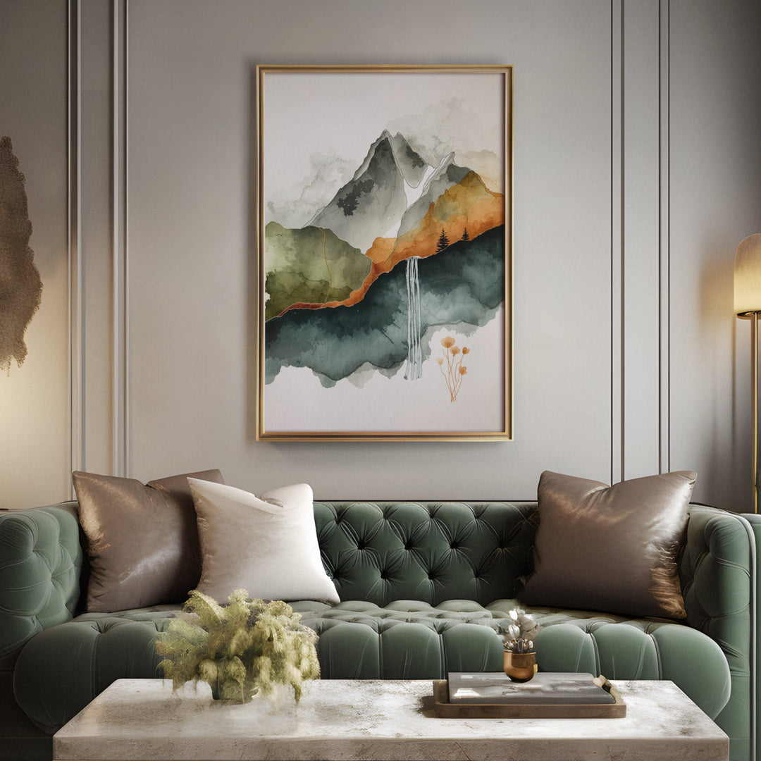 Earthen Cascade - Waterfall Mist Landscape Watercolor Canvas Print