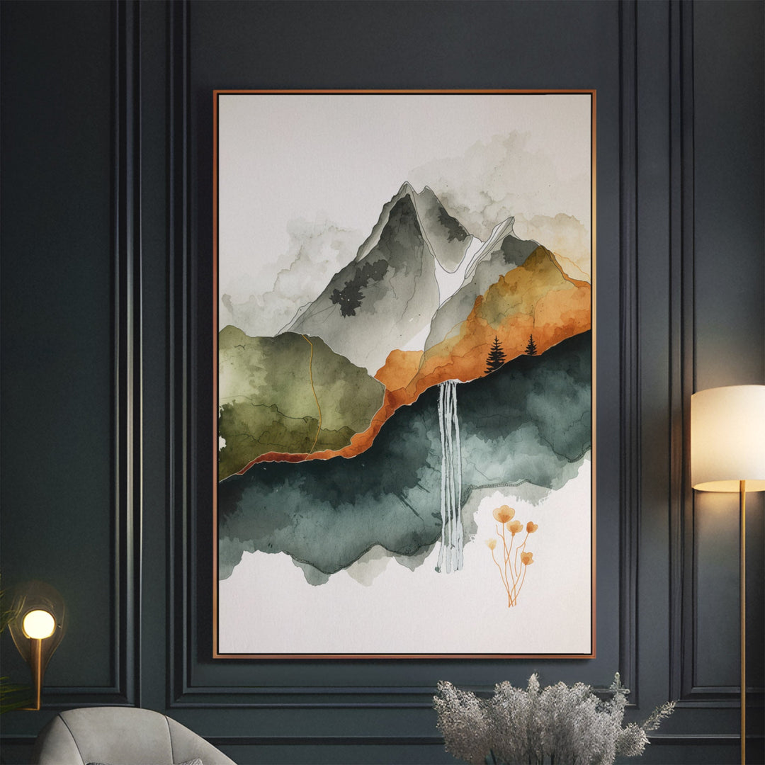 Earthen Cascade - Waterfall Mist Landscape Watercolor Canvas Print