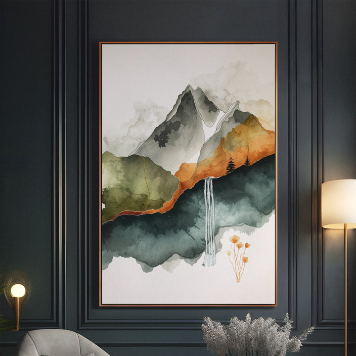 Earthen Cascade - Waterfall Mist Landscape Watercolor Canvas Print