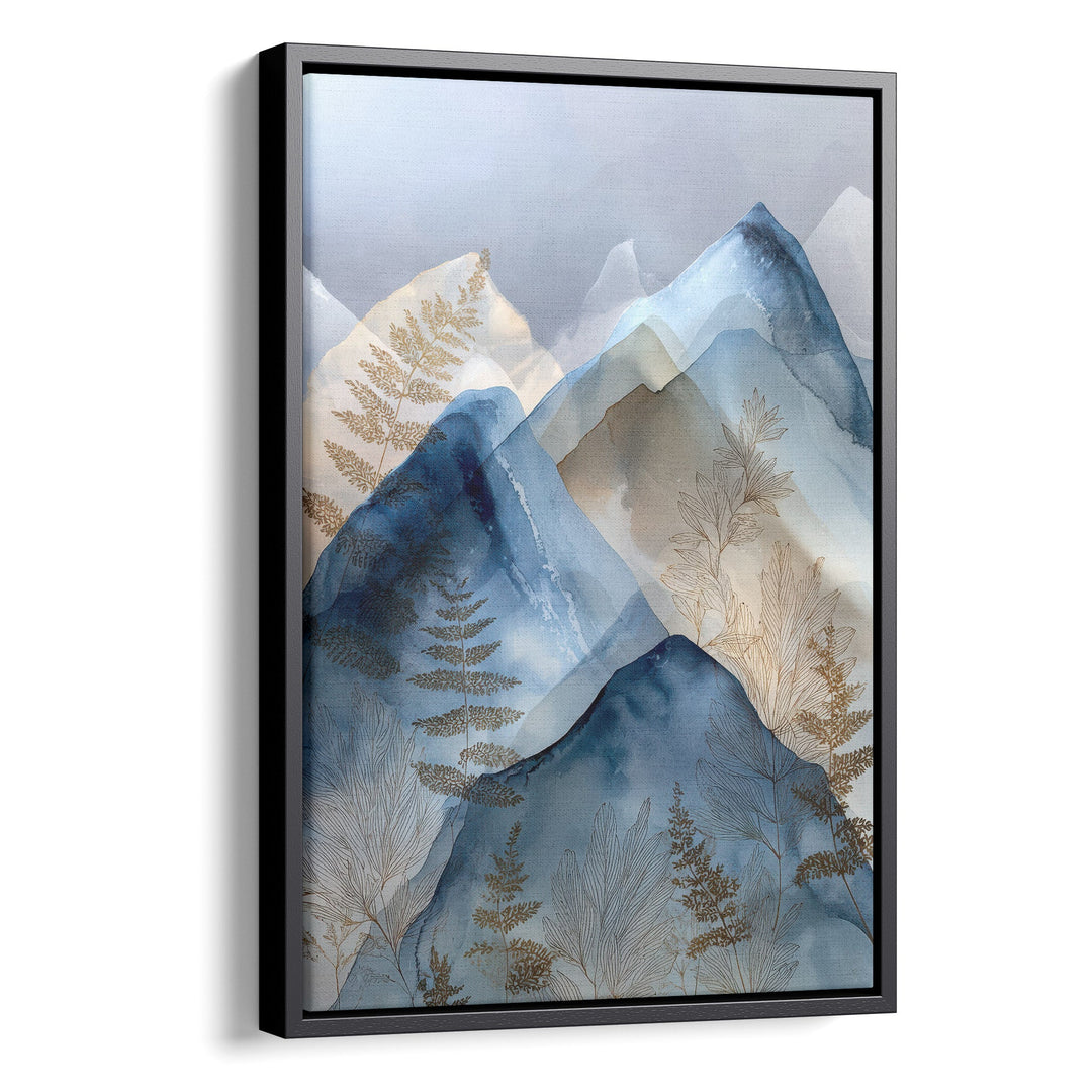 Watercolor layered blue mountain peaks with gold botanical fern details on a, stretched canvas in a black floating frame