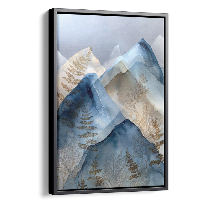 Watercolor layered blue mountain peaks with gold botanical fern details on a, stretched canvas in a black floating frame