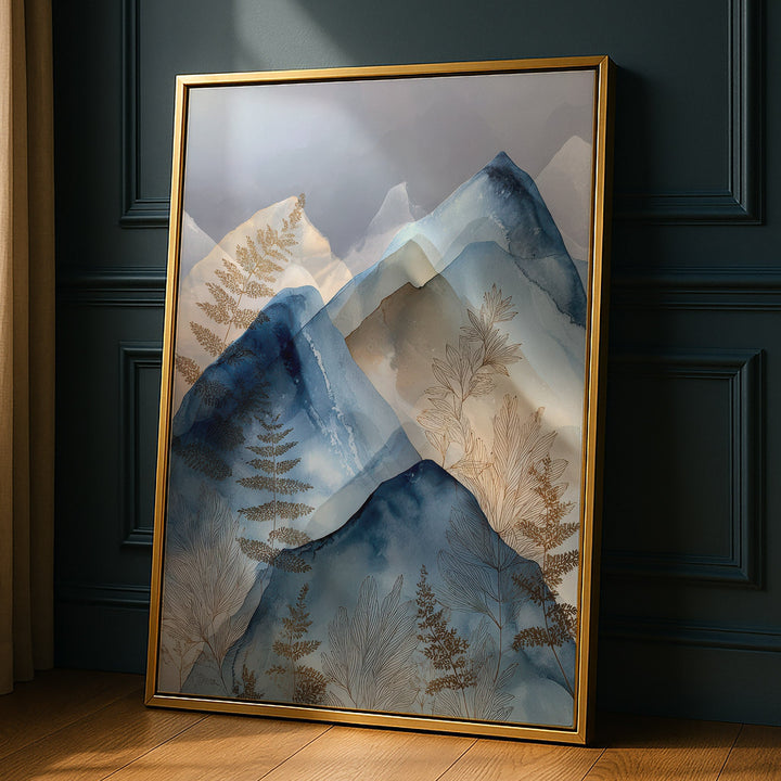 Watercolor layered blue mountain peaks with gold botanical fern details on a misty, propped against a dark paneled wall