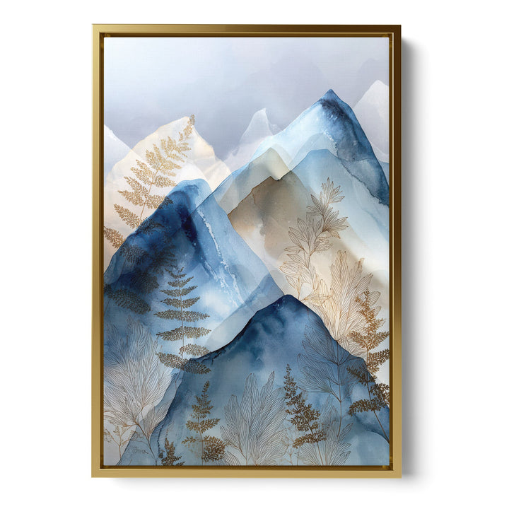Watercolor layered blue mountain peaks with gold botanical fern details on a, stretched canvas in a gold floating frame
