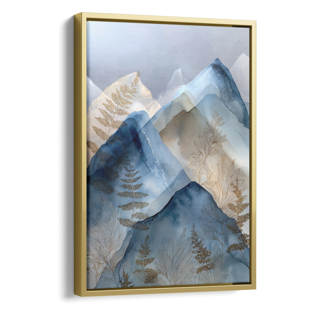 Watercolor layered blue mountain peaks with gold botanical fern details on a, stretched canvas in a gold floating frame
