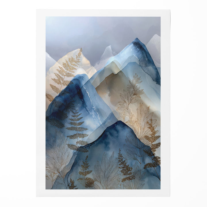 Watercolor layered blue mountain peaks with gold botanical fern details on a misty grey background, shown as a rolled canvas