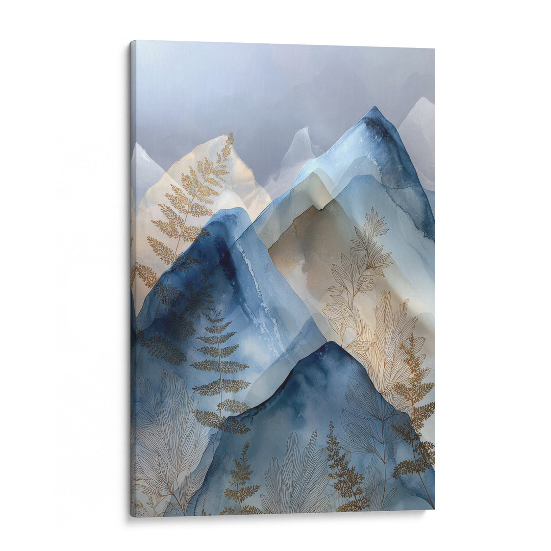 Watercolor layered blue mountain peaks with gold botanical fern details on a misty grey, shown as a stretched canvas