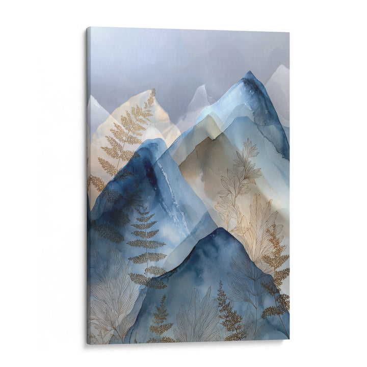 Watercolor layered blue mountain peaks with gold botanical fern details on a misty grey, shown as a stretched canvas