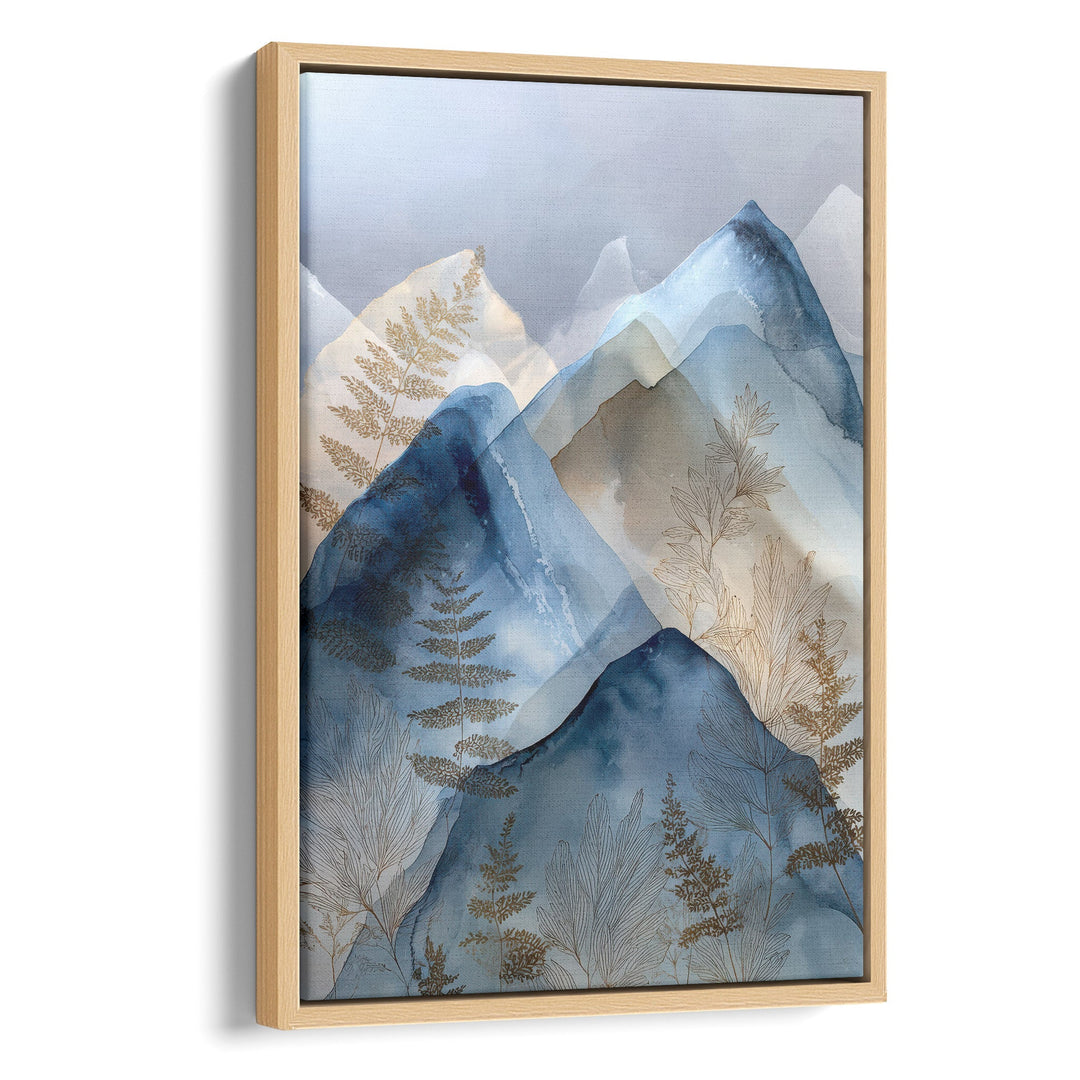 Watercolor layered blue mountain peaks with gold botanical fern details on a, stretched canvas in a natural wood frame