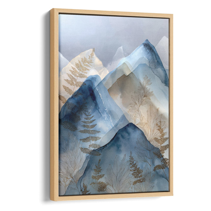 Watercolor layered blue mountain peaks with gold botanical fern details on a, stretched canvas in a natural wood frame