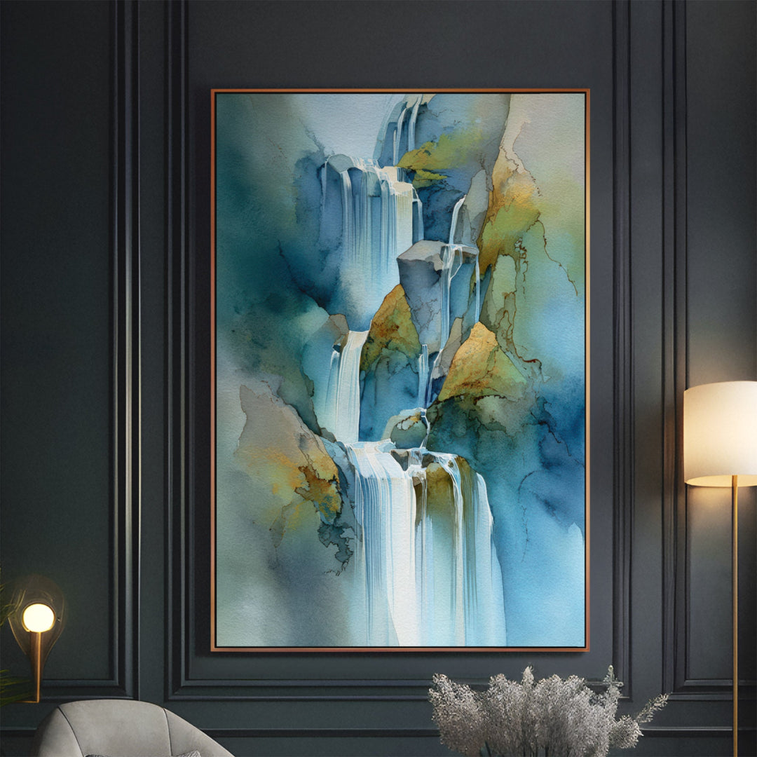 Cascading Serenity - Waterfall Rock Watercolor Canvas Print
