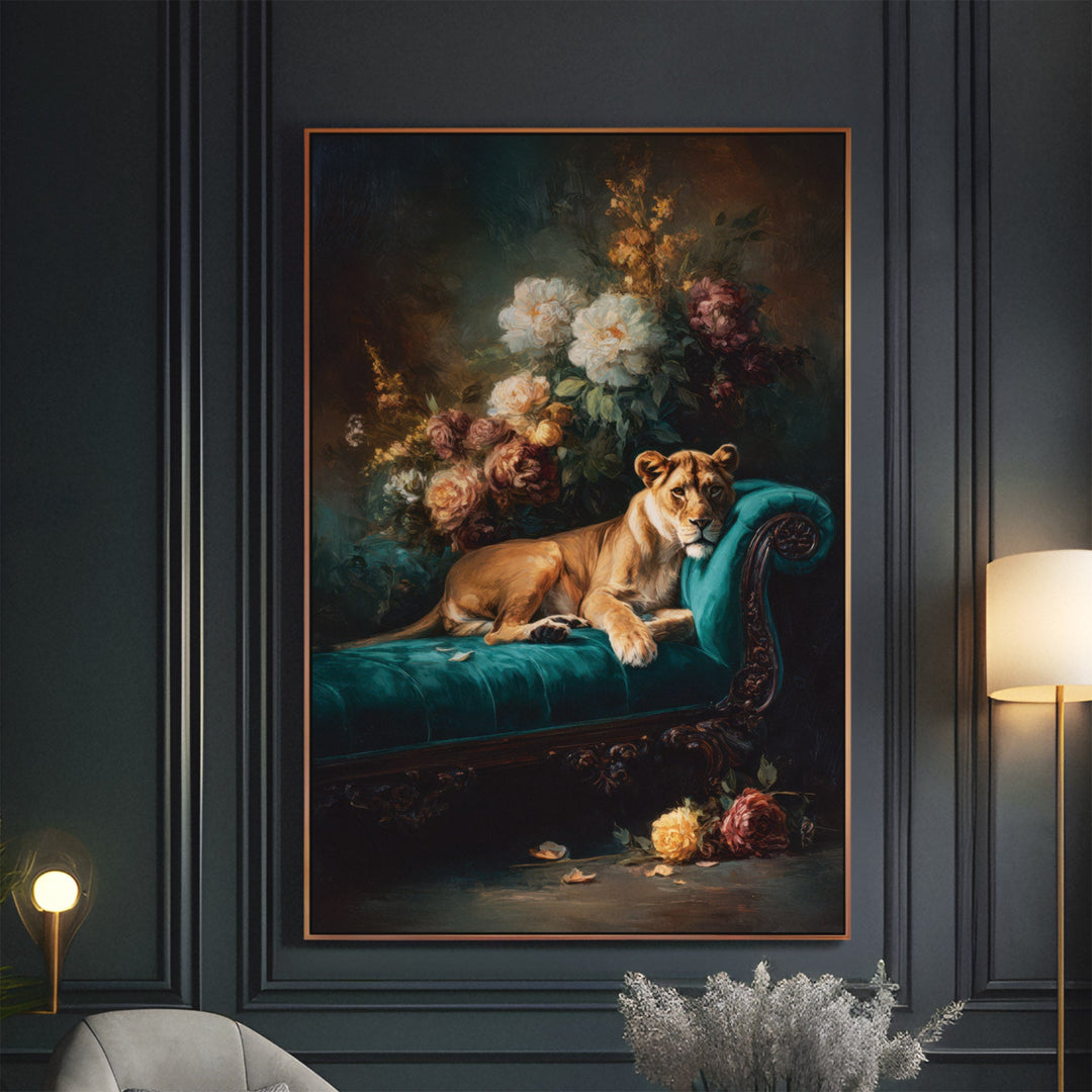 Royal Repose - Lioness Dramatic Surrealist Oil Canvas Print