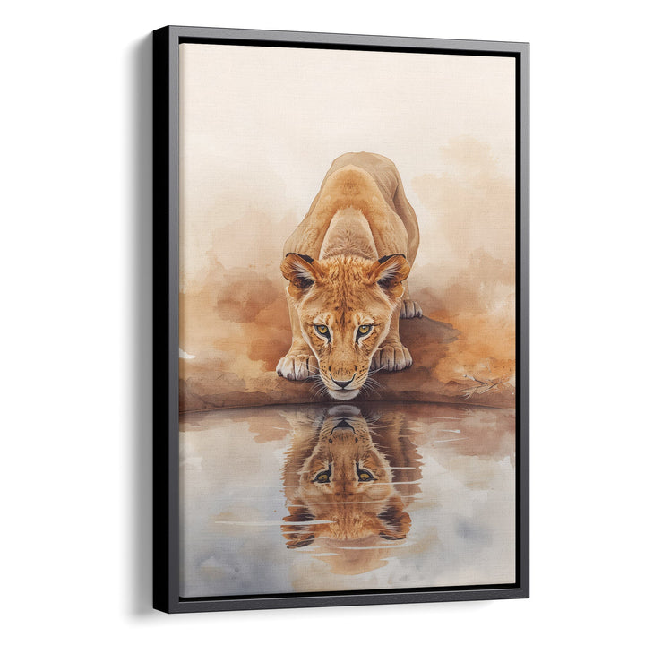 Symmetry Thirst - Lion Reflection Watercolor Canvas Print