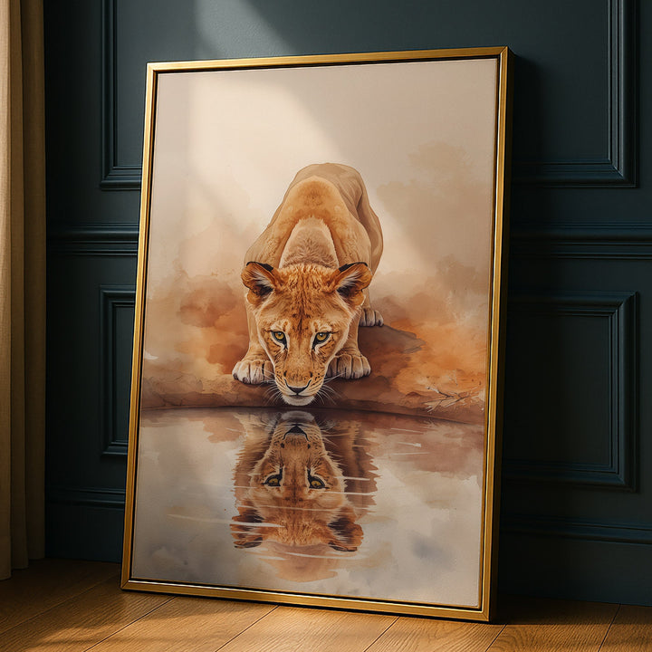 Symmetry Thirst - Lion Reflection Watercolor Canvas Print