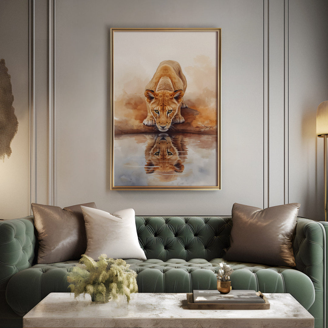 Symmetry Thirst - Lion Reflection Watercolor Canvas Print