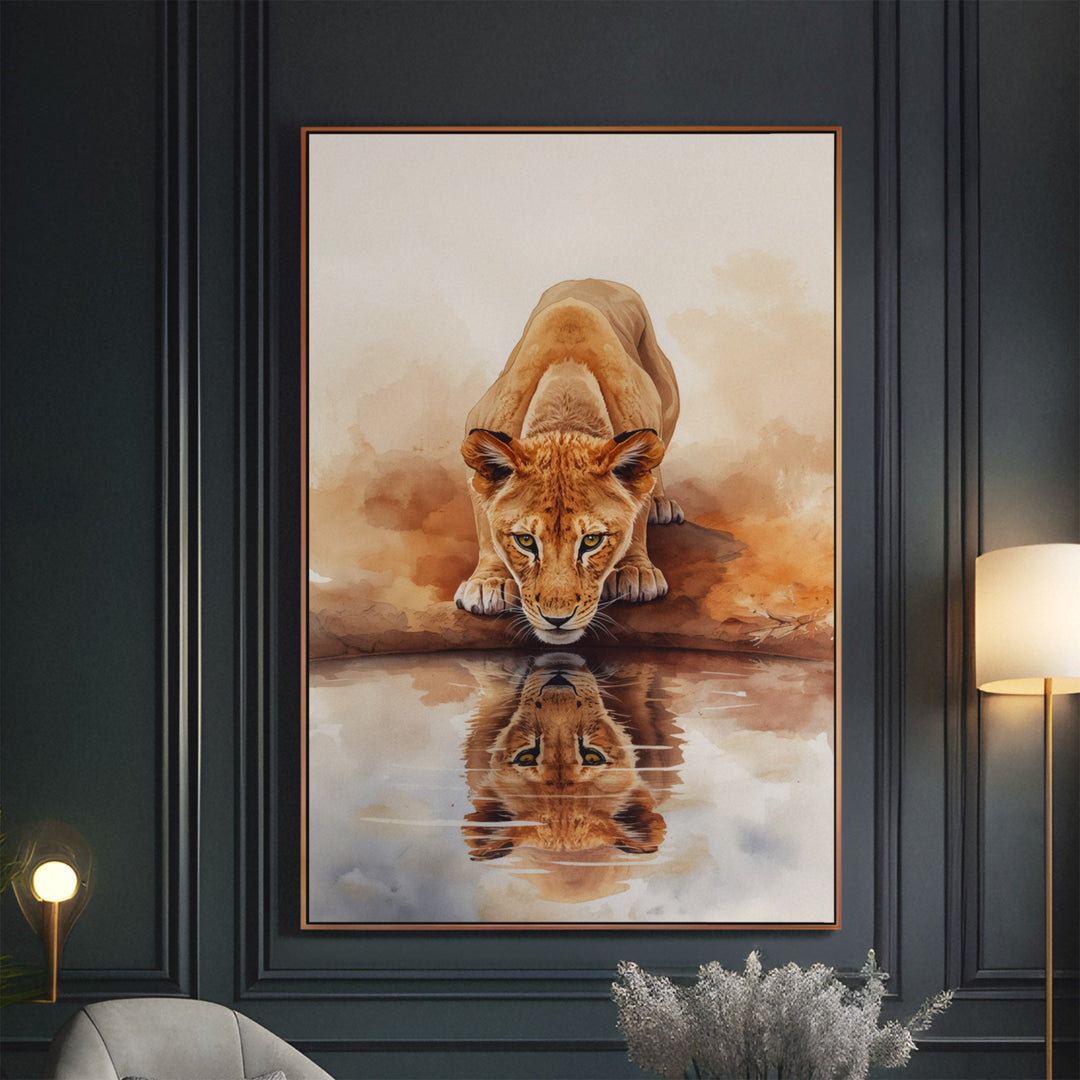 Symmetry Thirst - Lion Reflection Watercolor Canvas Print