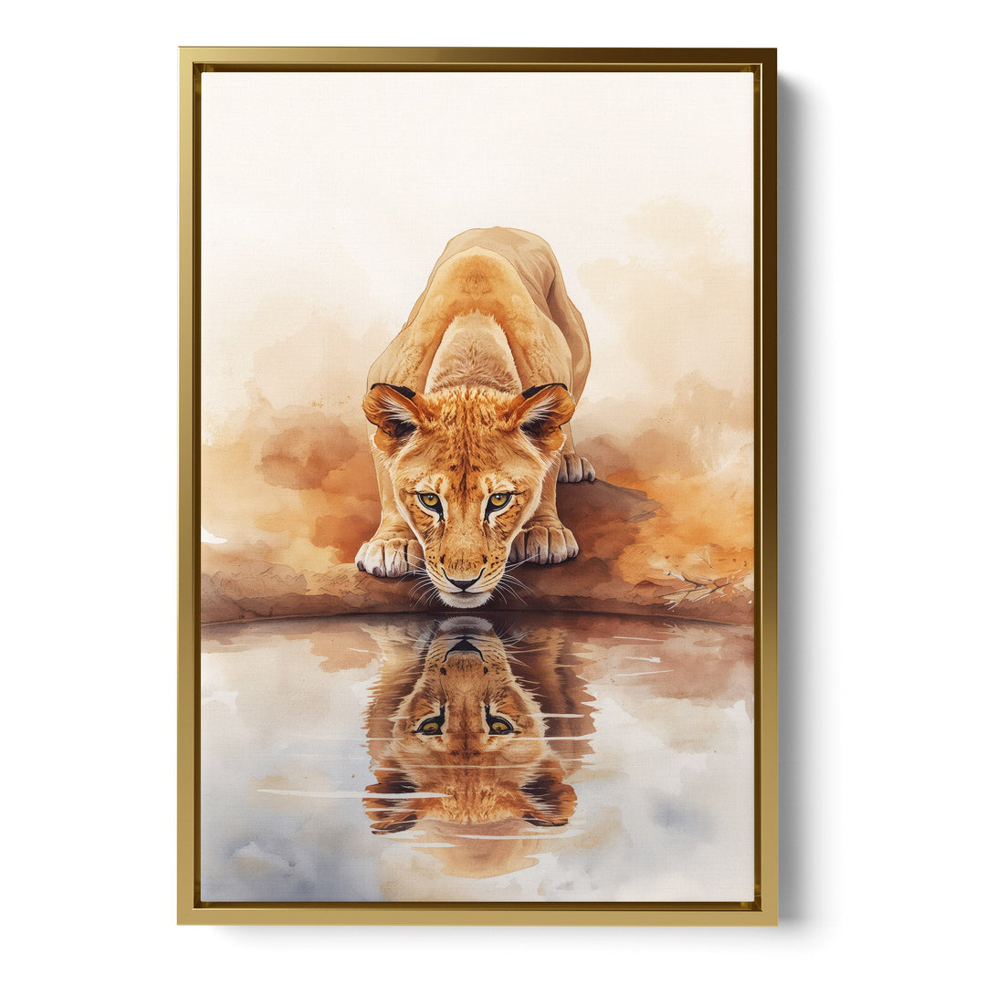 Symmetry Thirst - Lion Reflection Watercolor Canvas Print