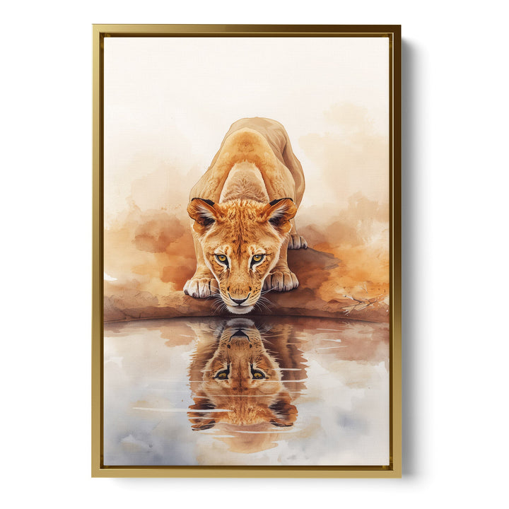 Symmetry Thirst - Lion Reflection Watercolor Canvas Print