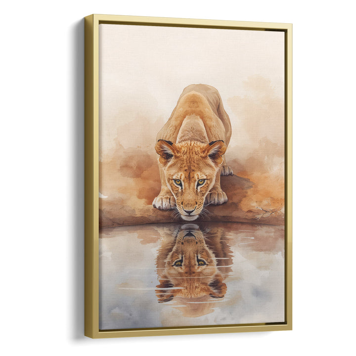 Symmetry Thirst - Lion Reflection Watercolor Canvas Print