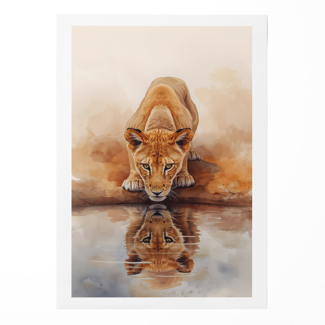 Symmetry Thirst - Lion Reflection Watercolor Canvas Print
