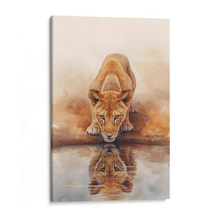 Symmetry Thirst - Lion Reflection Watercolor Canvas Print