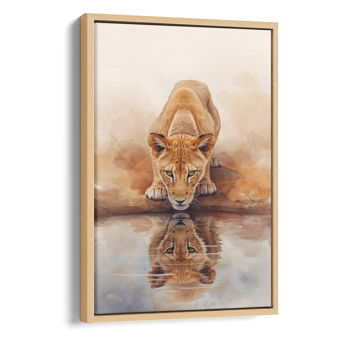 Framed artwork of a lioness and her reflection in water
