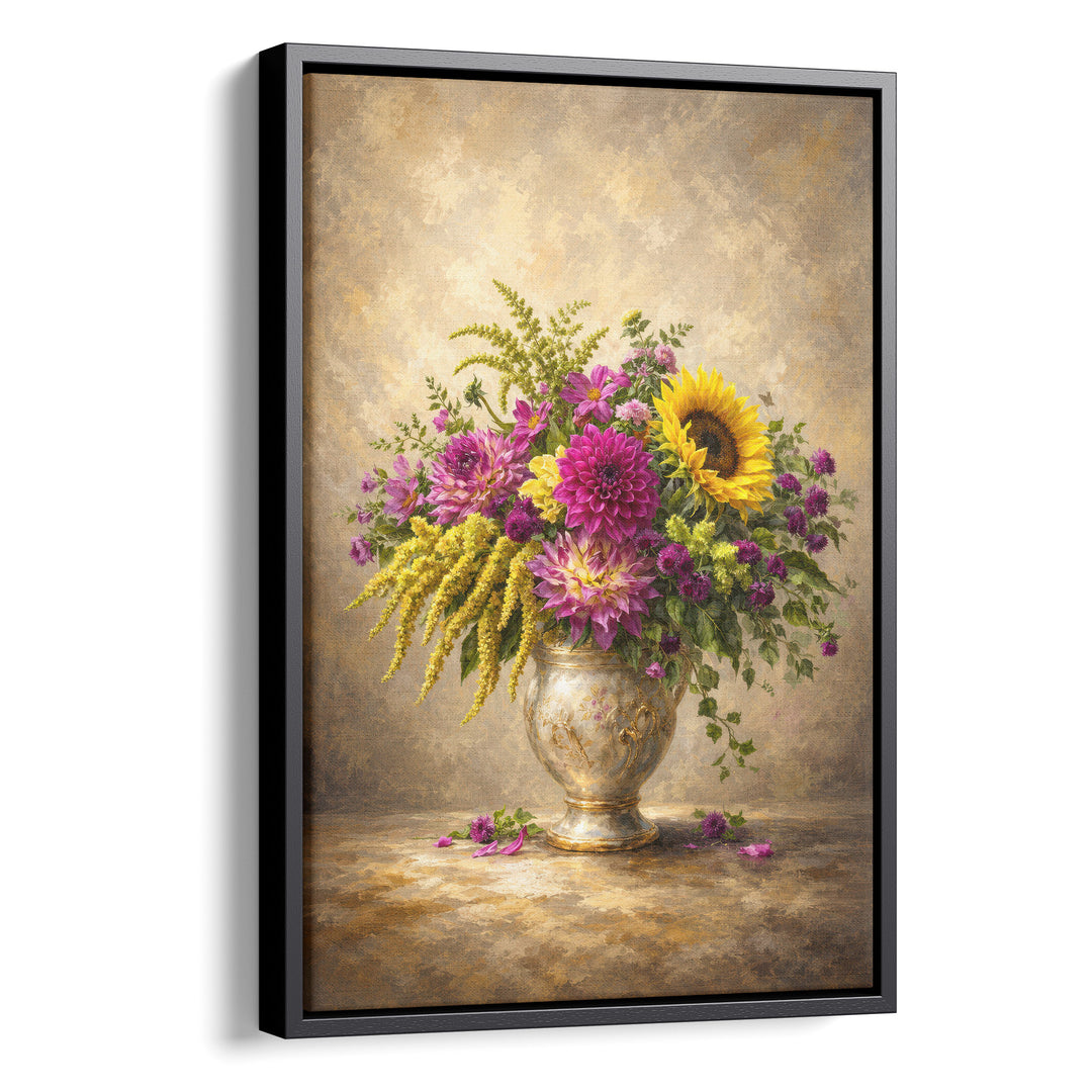 Old master-style oil painting of a mixed bouquet with purple dahlias, sunflower, stretched canvas in a black floating frame