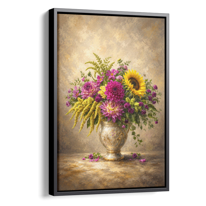 Old master-style oil painting of a mixed bouquet with purple dahlias, sunflower, stretched canvas in a black floating frame