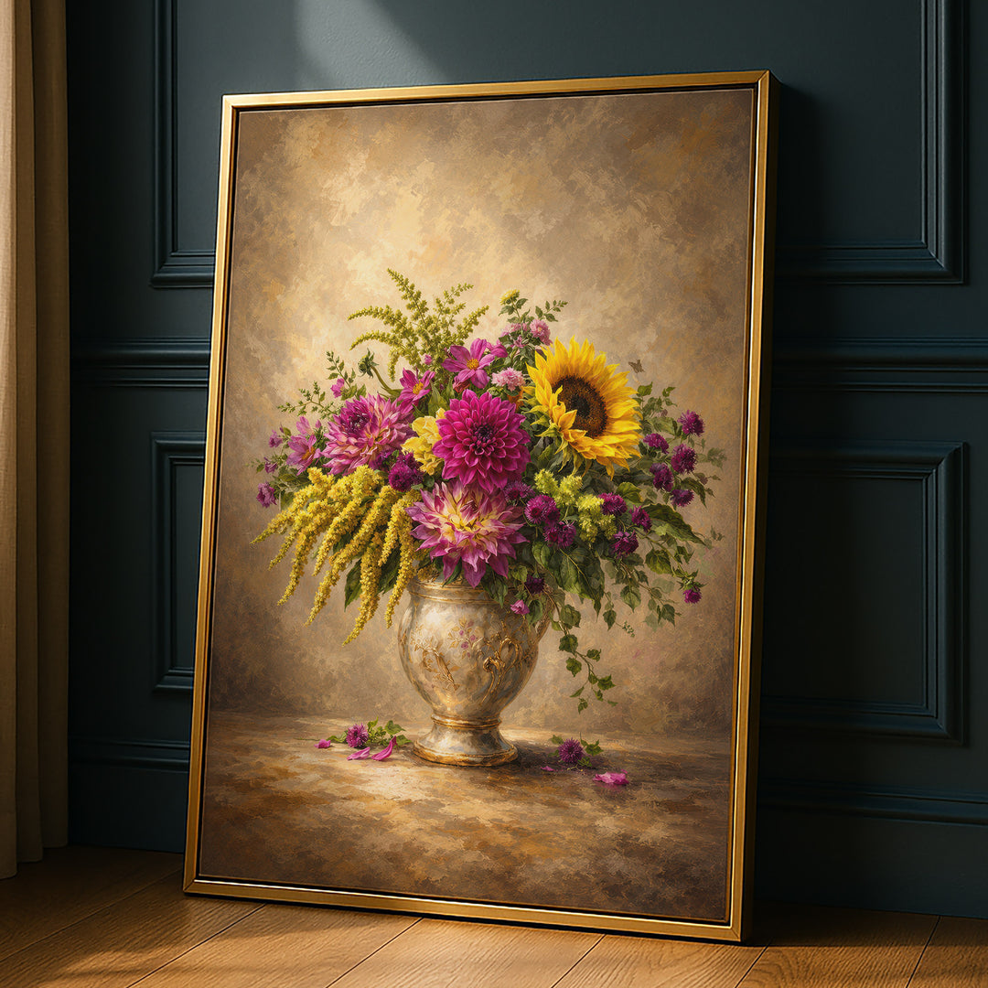Old master-style oil painting of a mixed bouquet with purple dahlias, sunflower and, propped against a dark paneled wall