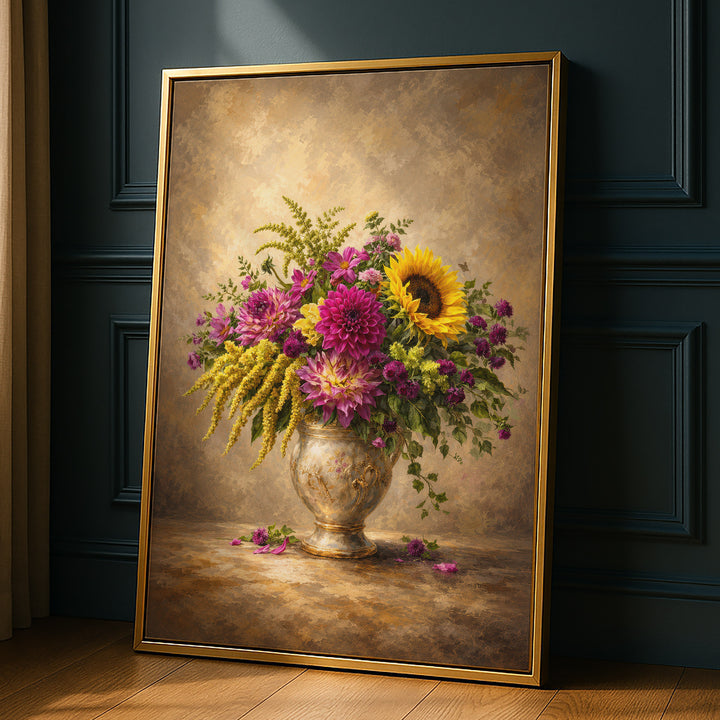 Old master-style oil painting of a mixed bouquet with purple dahlias, sunflower and, propped against a dark paneled wall