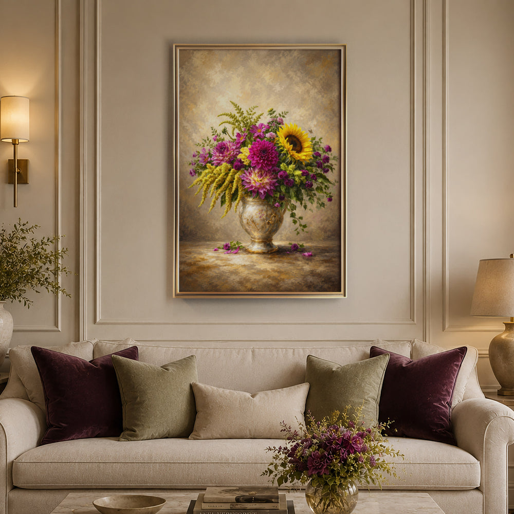 Old master-style oil painting of a mixed bouquet with purple dahlias, sunflower and, displayed in a warm light living room