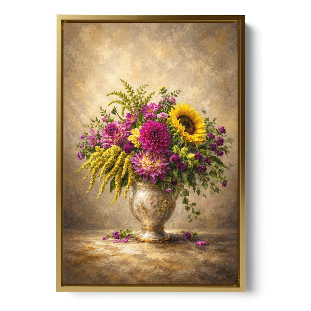 Old master-style oil painting of a mixed bouquet with purple dahlias, sunflower, stretched canvas in a gold floating frame