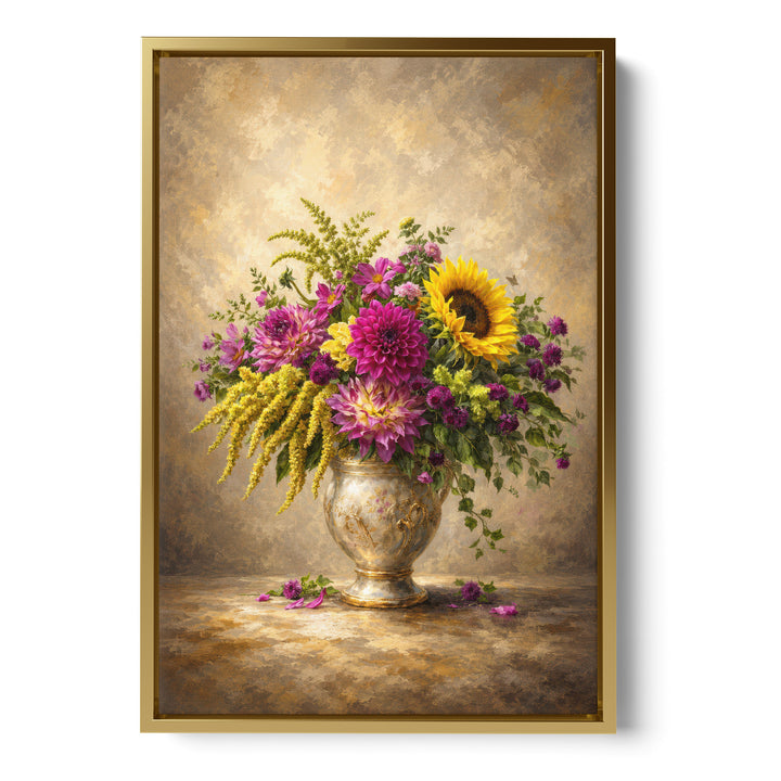 Old master-style oil painting of a mixed bouquet with purple dahlias, sunflower, stretched canvas in a gold floating frame