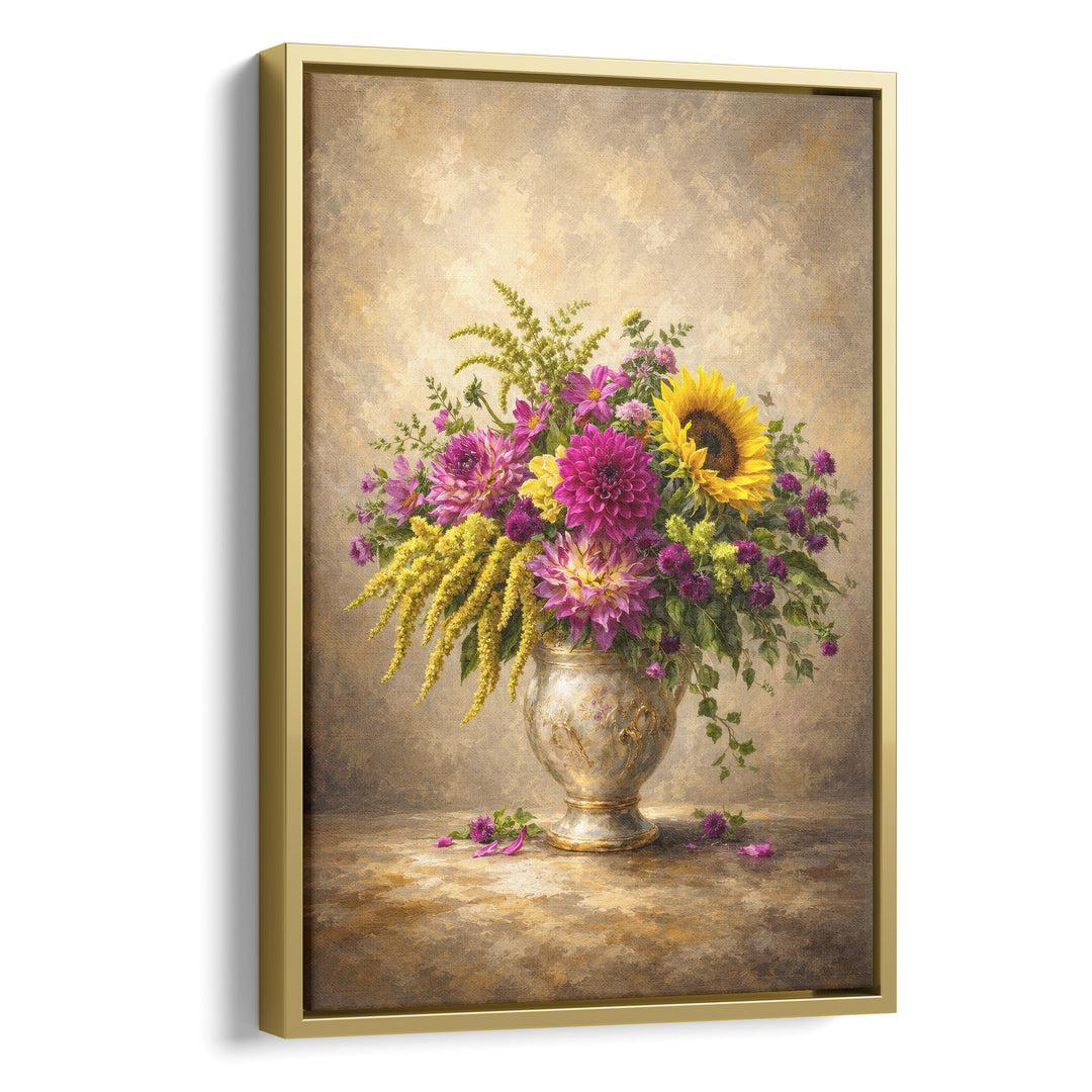 Old master-style oil painting of a mixed bouquet with purple dahlias, sunflower, stretched canvas in a gold floating frame