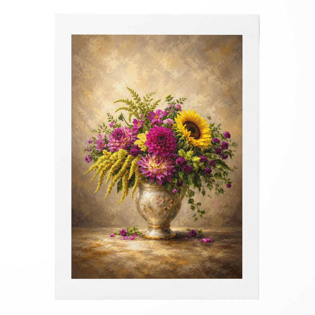 Old master-style oil painting of a mixed bouquet with purple dahlias, sunflower and yellow stems, shown as a rolled canvas