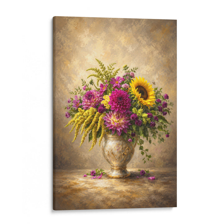 Old master-style oil painting of a mixed bouquet with purple dahlias, sunflower and yellow, shown as a stretched canvas