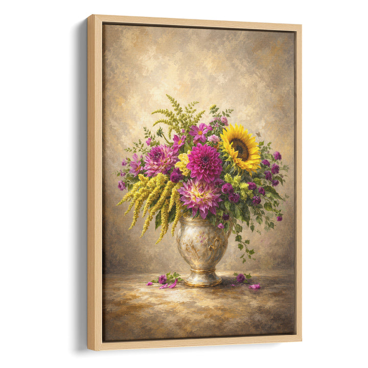 Old master-style oil painting of a mixed bouquet with purple dahlias, sunflower, stretched canvas in a natural wood frame