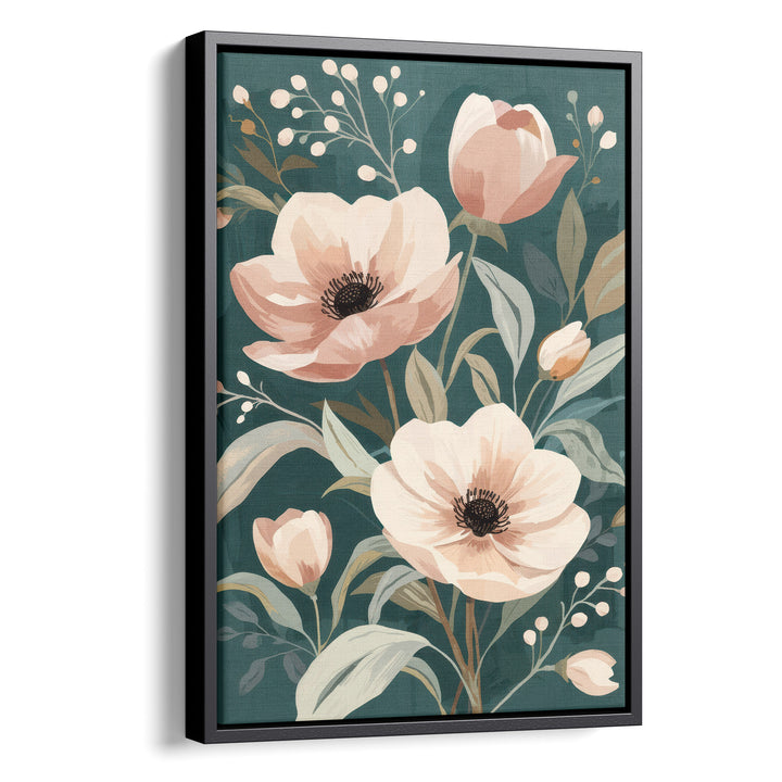 Flat botanical illustration of large blush pink anemones and tulip buds with, stretched canvas in a black floating frame