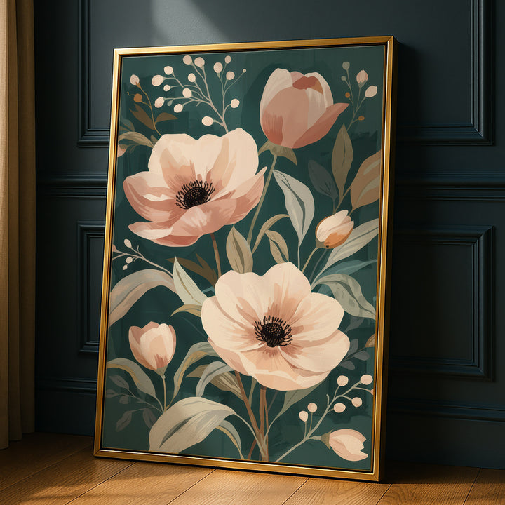 Flat botanical illustration of large blush pink anemones and tulip buds with sage, propped against a dark paneled wall