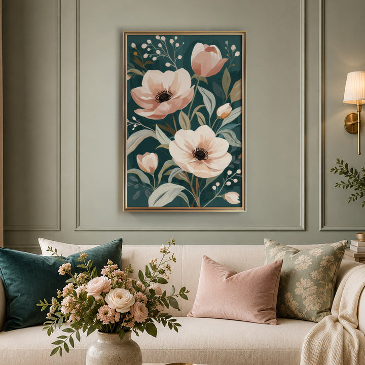 Flat botanical illustration of large blush pink anemones and tulip buds with sage, displayed in a warm light living room