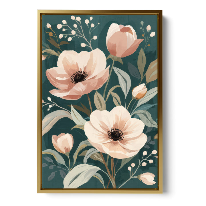 Flat botanical illustration of large blush pink anemones and tulip buds with, stretched canvas in a gold floating frame