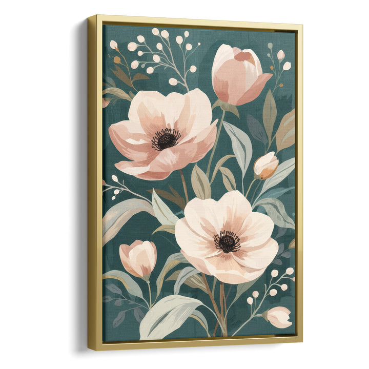 Flat botanical illustration of large blush pink anemones and tulip buds with, stretched canvas in a gold floating frame
