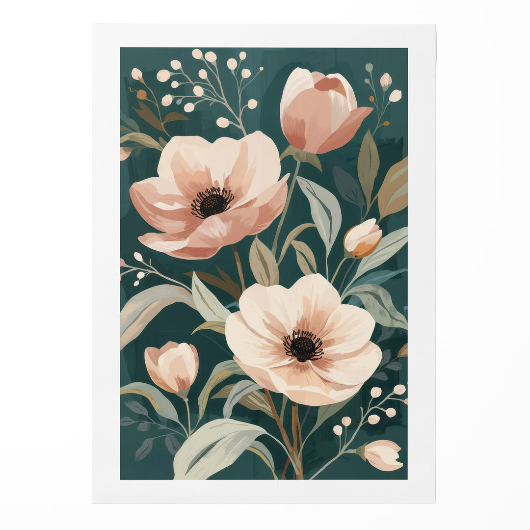 Flat botanical illustration of large blush pink anemones and tulip buds with sage leaves against, shown as a rolled canvas