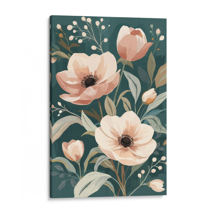 Flat botanical illustration of large blush pink anemones and tulip buds with sage leaves, shown as a stretched canvas