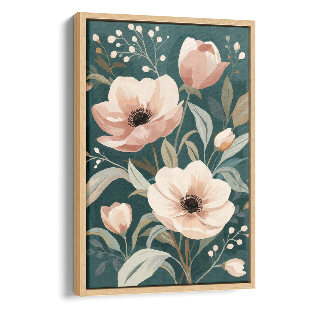 Flat botanical illustration of large blush pink anemones and tulip buds with sage, stretched canvas in a natural wood frame